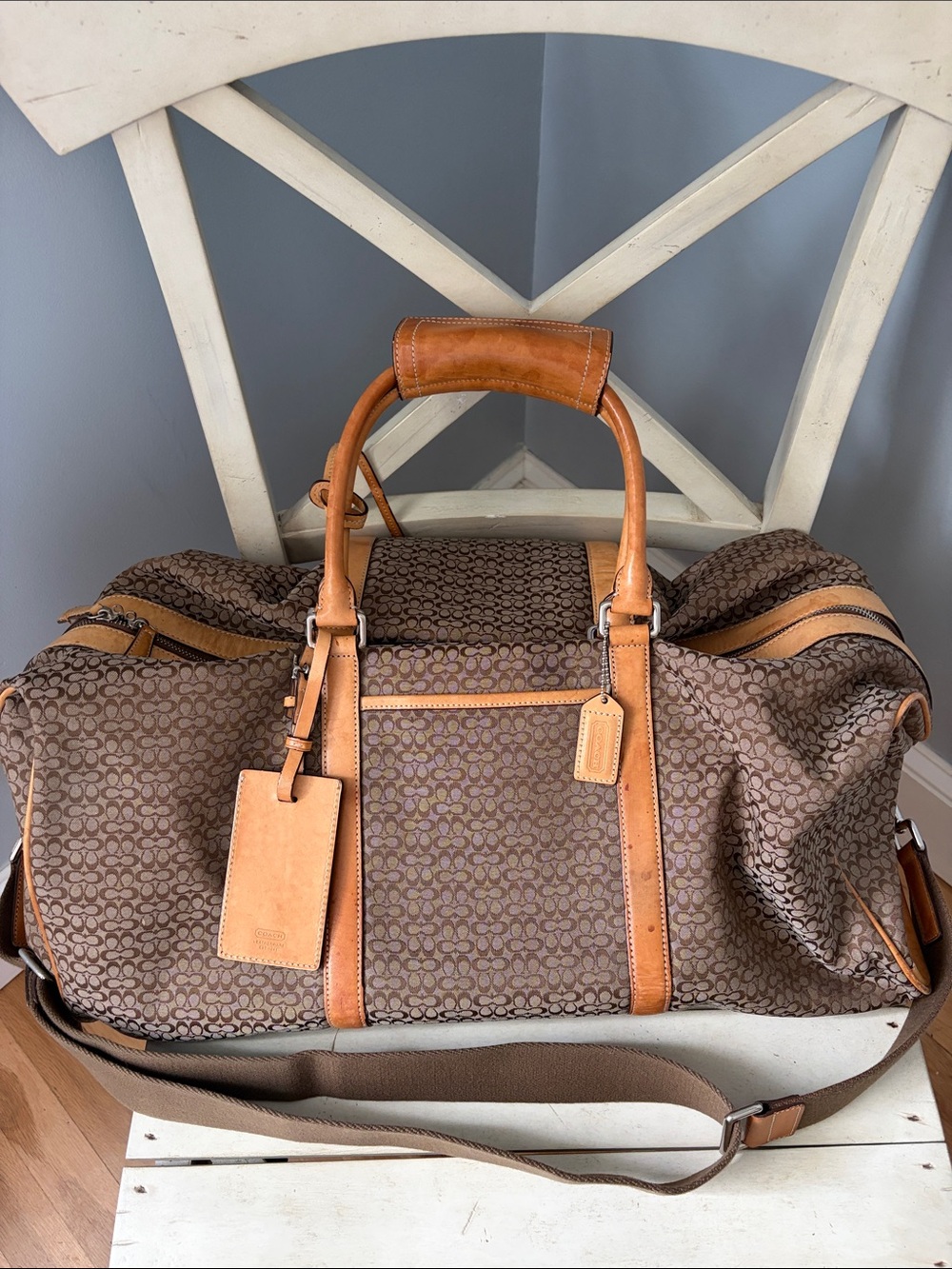 Coach Brown Signature Canvas Duffel with Tan Leather Trim